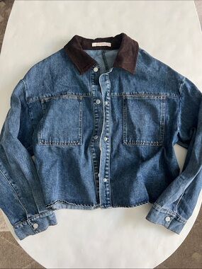 OLIVACEOUS Blue Denim Oversized Lightweight Barn Jacket Brown Corduroy Collar M